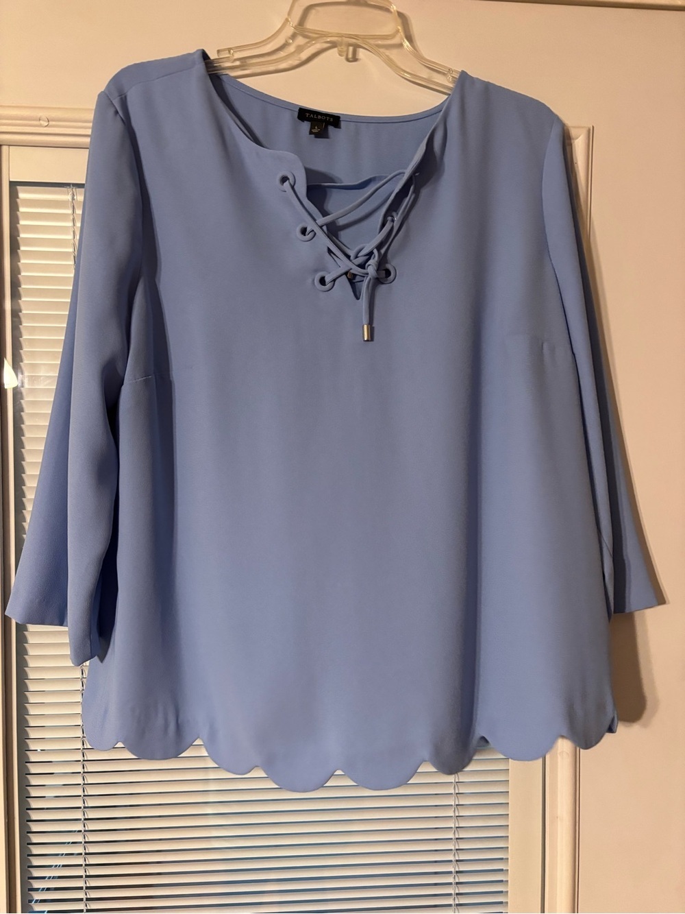 Talbots Light Blue Lace-Up Scalloped Hem Blouse